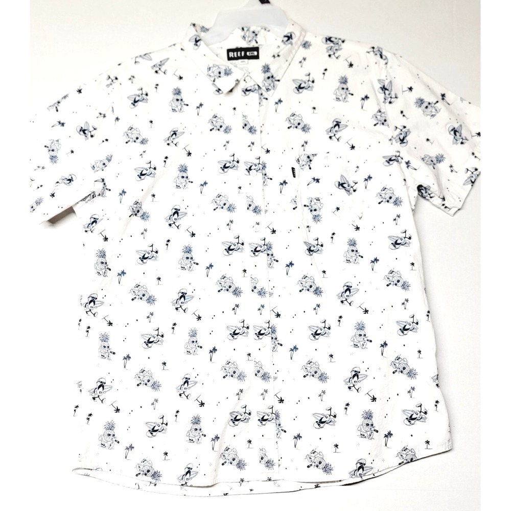 Reef Button Down Shirt Mens XXL‎ White Navy Blue Surfing Pineapple Graphic Print